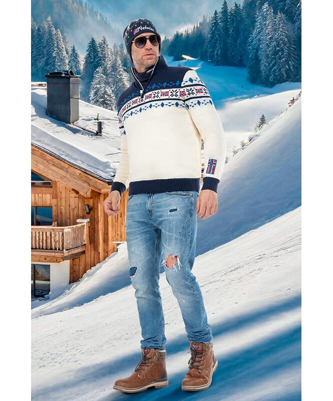 Pull tricoté avec fourrure syntetique STEEN Homme offwhite-navy