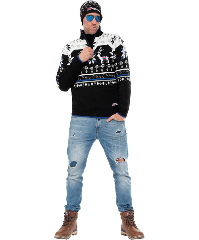 Pull tricoté avec fourrure syntetique FRIA Homme schwarz-weiß