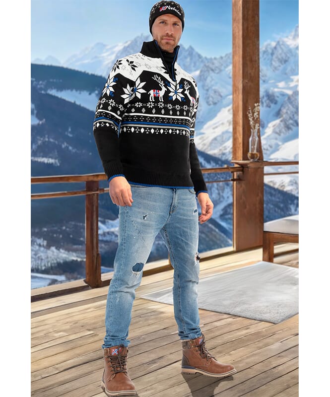 Knitted sweater with faux fur FRIA Men schwarz-weiß