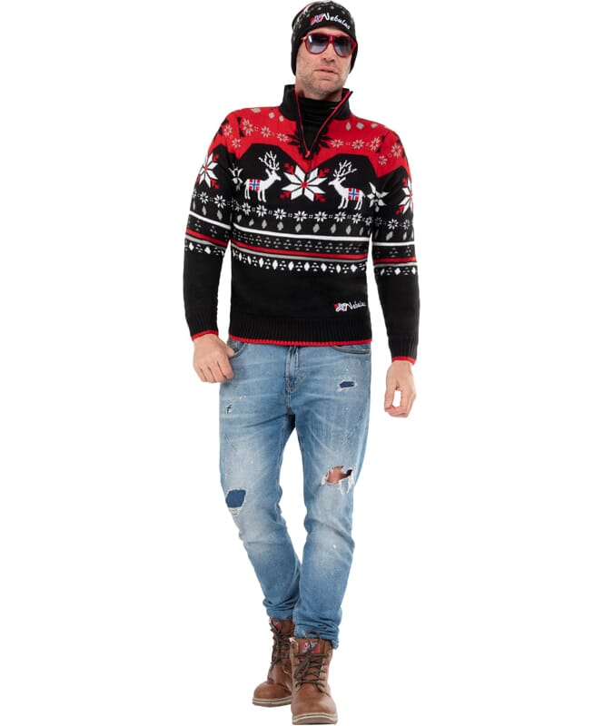 Pull tricoté avec fourrure syntetique FRIA Homme schwarz-rot