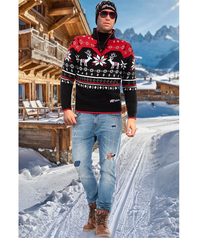 Knitted sweater with faux fur FRIA Men schwarz-rot