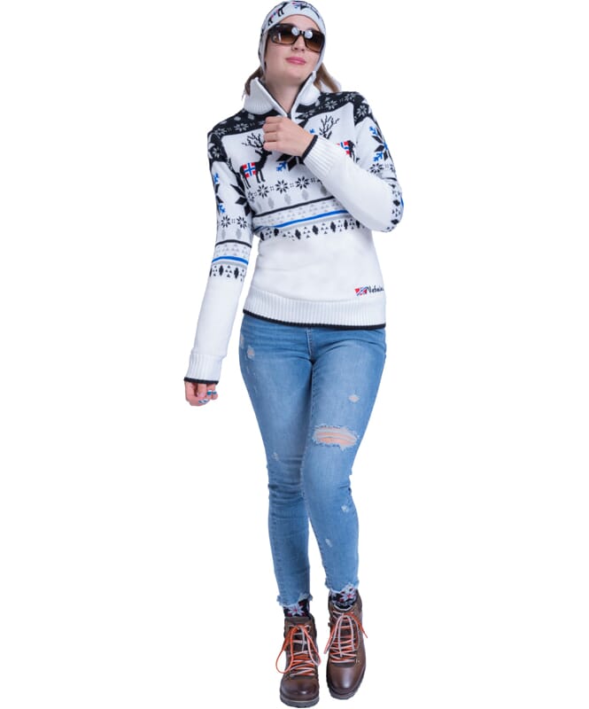 Strikket genser med fuskepels FRIA Damer weiß-schwarz