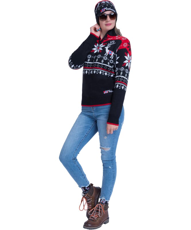 suéter con piel sintética FRIA Mujeres schwarz-rot