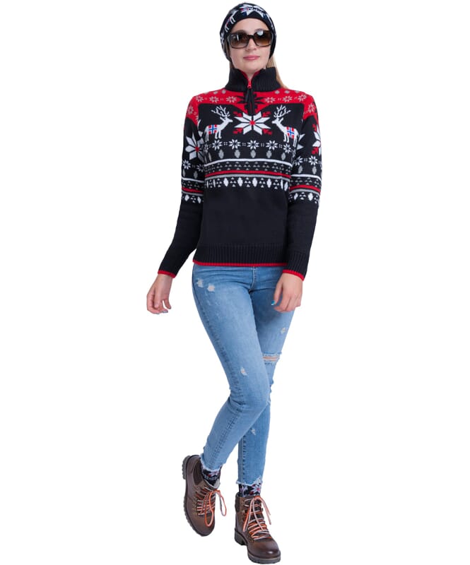 Pull tricoté avec fourrure syntetique FRIA Femme schwarz-rot