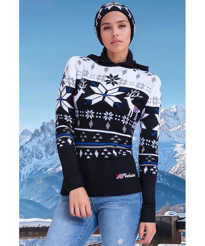 Pull à capuche norvégien NORJAN Femme schwarz-weiss